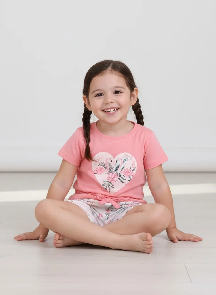 Victor And Jane  Girls Flamingo Print Cotton Pajama Set – T-Shirt & Shorts Nightwear for Women | Best Price UAE